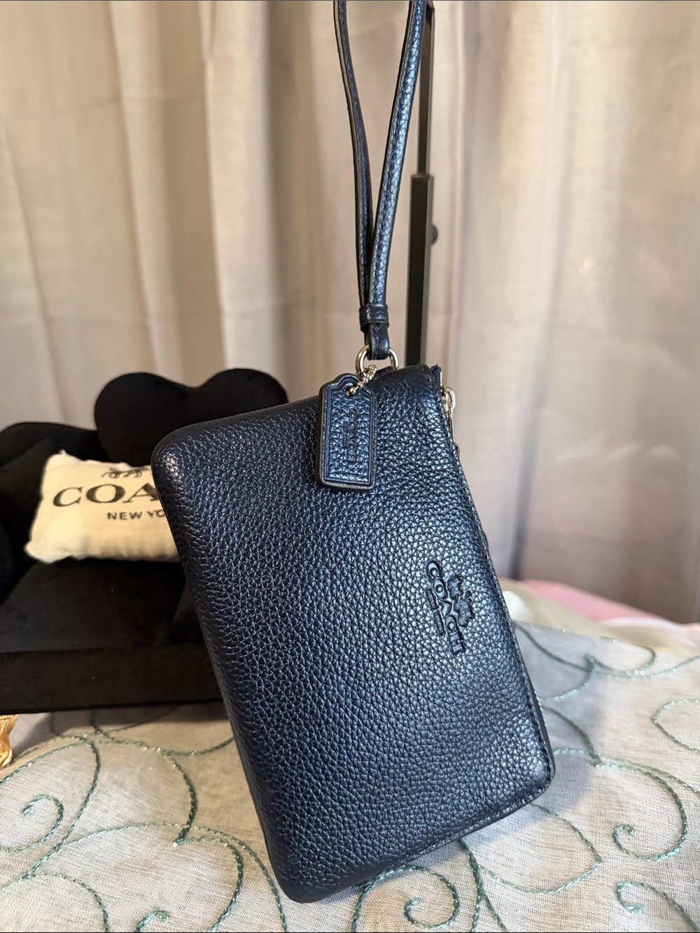 Coach Double Zip Navy Metallic Pebbled Leather Wristlet